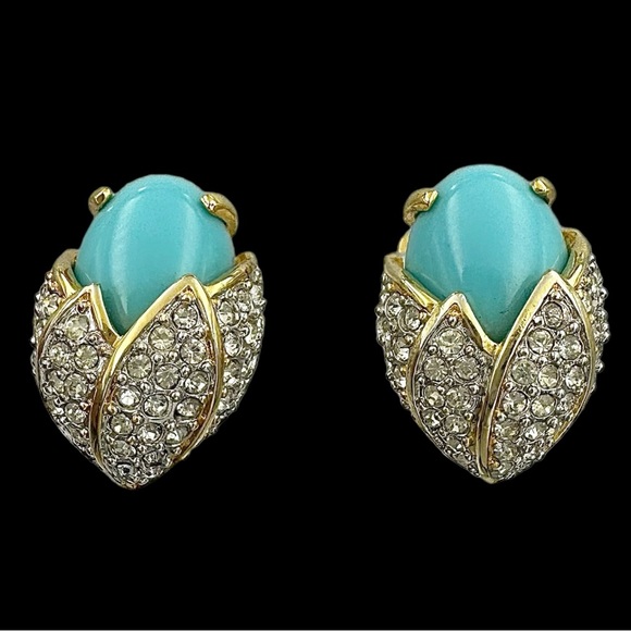 Vintage Joan Rivers Blue Cabochon Earrings 1990's 90’s - Picture 1 of 5